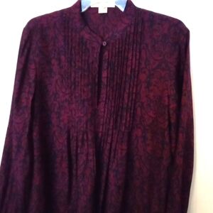 Micheal Kors Women's Silk Burgundy Damask Print Long Sleeve Blouse